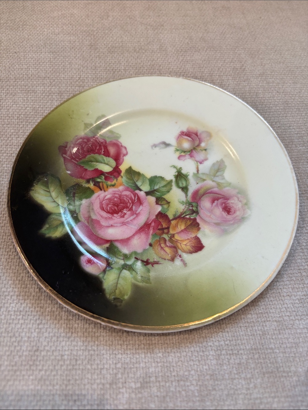 Antique German Porcelain Cabinet Plate, Hand-Painted Pink Roses & Gold Gilt Rim,
